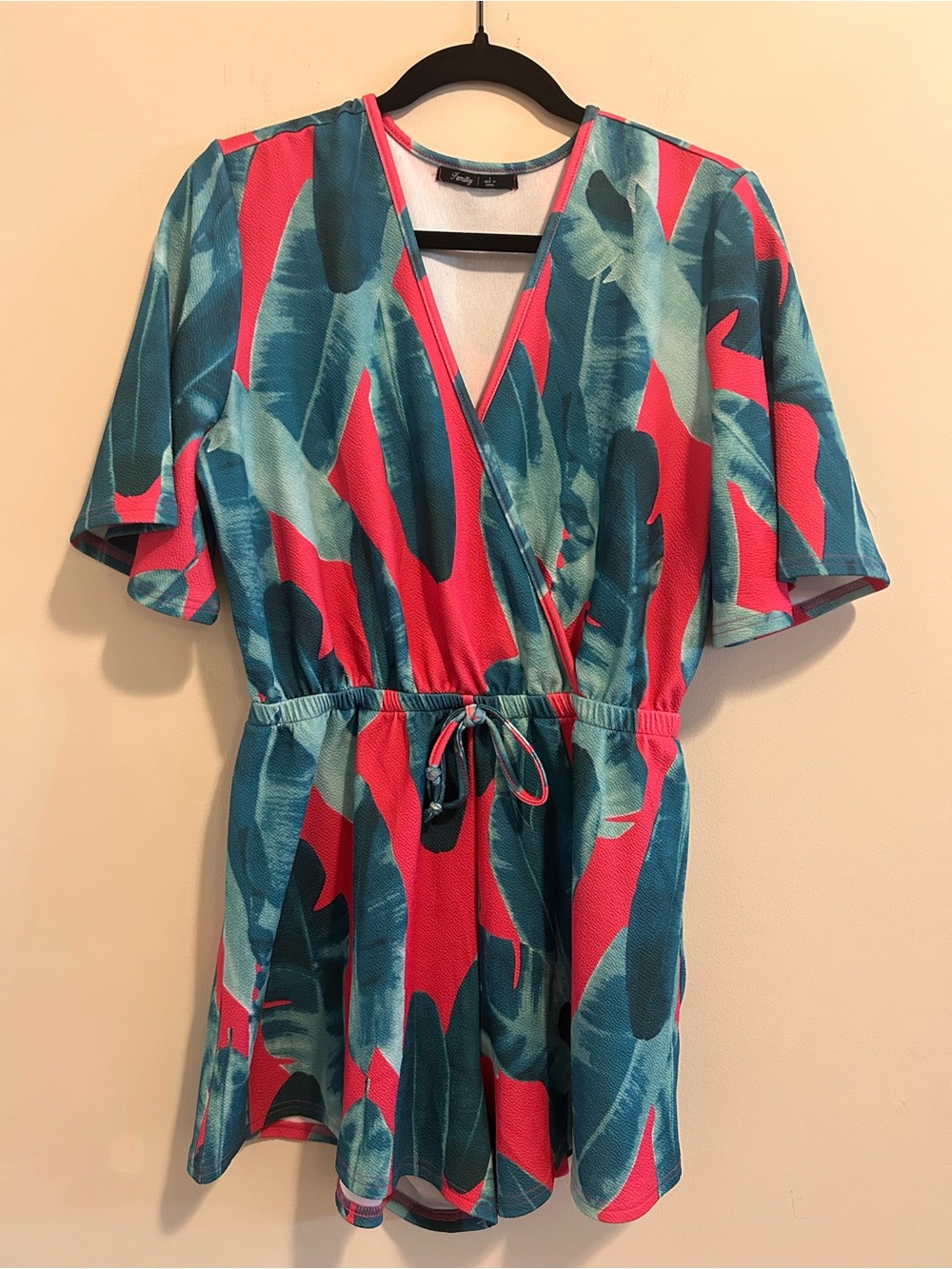 Printed Wrap-Style Mini Romper in Aqua & Coral